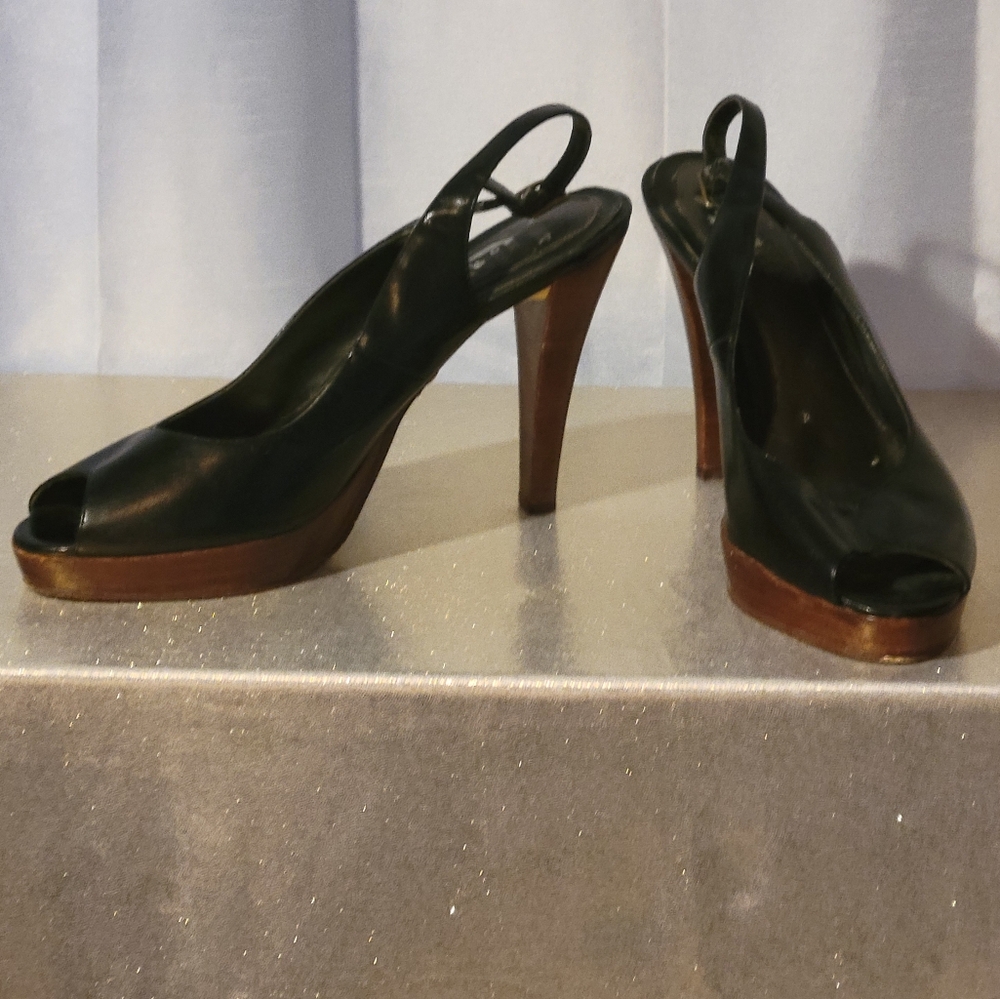 Carlos Falchi open toe black leather sling backs